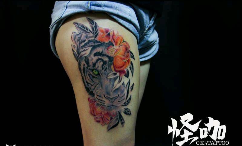 老虎纹身图片_腿部纹身图案