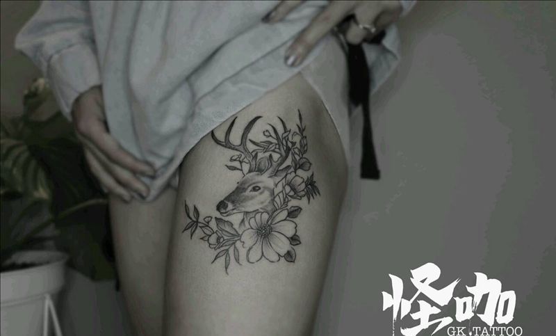鹿纹身图片_腿部纹身图案