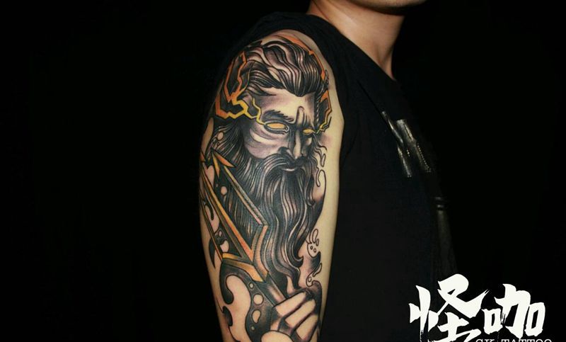 海神波塞冬纹身图片_手臂欧美人物原创成品纹身图案