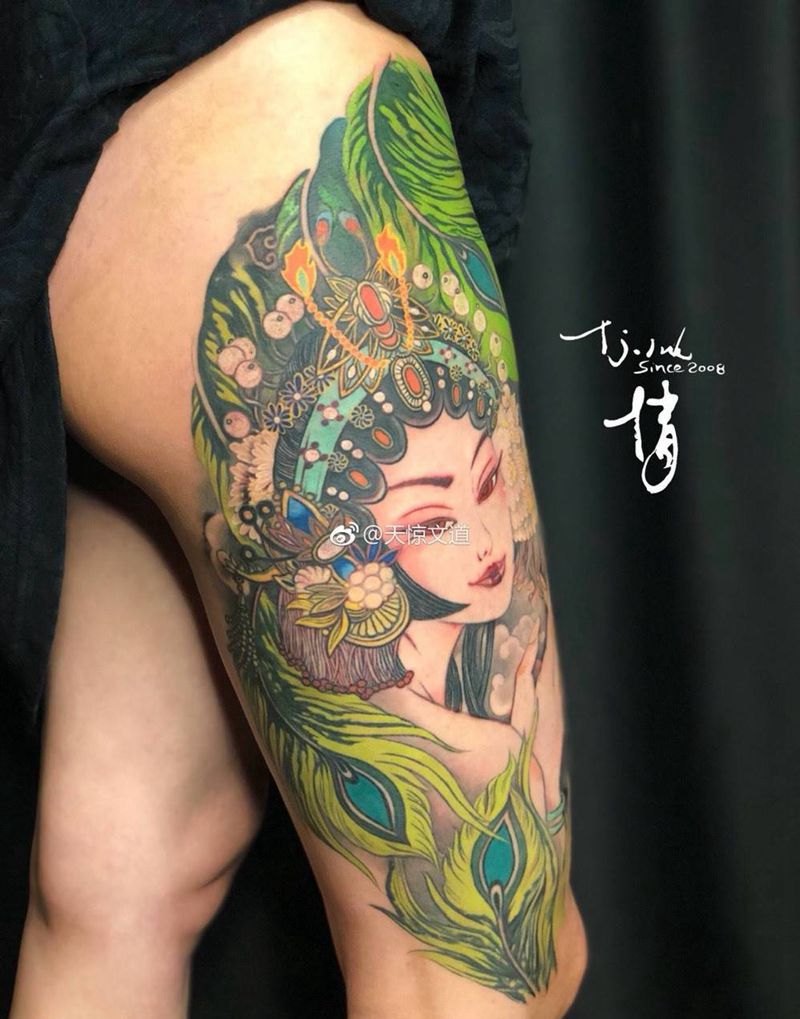人间尤物是青衣纹身图片_成品腿部传统国画人物原创青衣花旦纹身图案