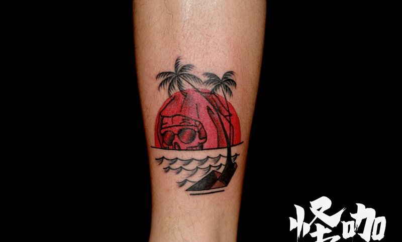 沙滩纹身图片_腿部欧美静物原创成品纹身图案