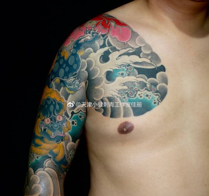 半钾唐狮子纹身图片_成品手稿手臂传统原创动物狮子纹身图案