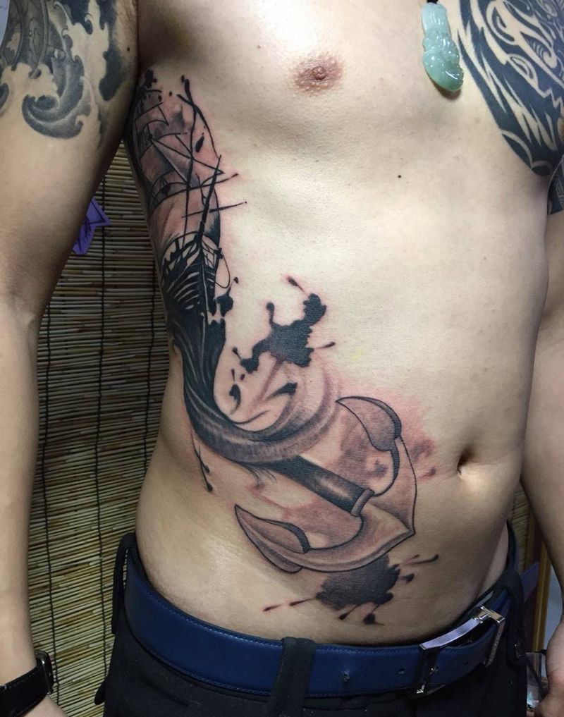 帆船和锚纹身图片_