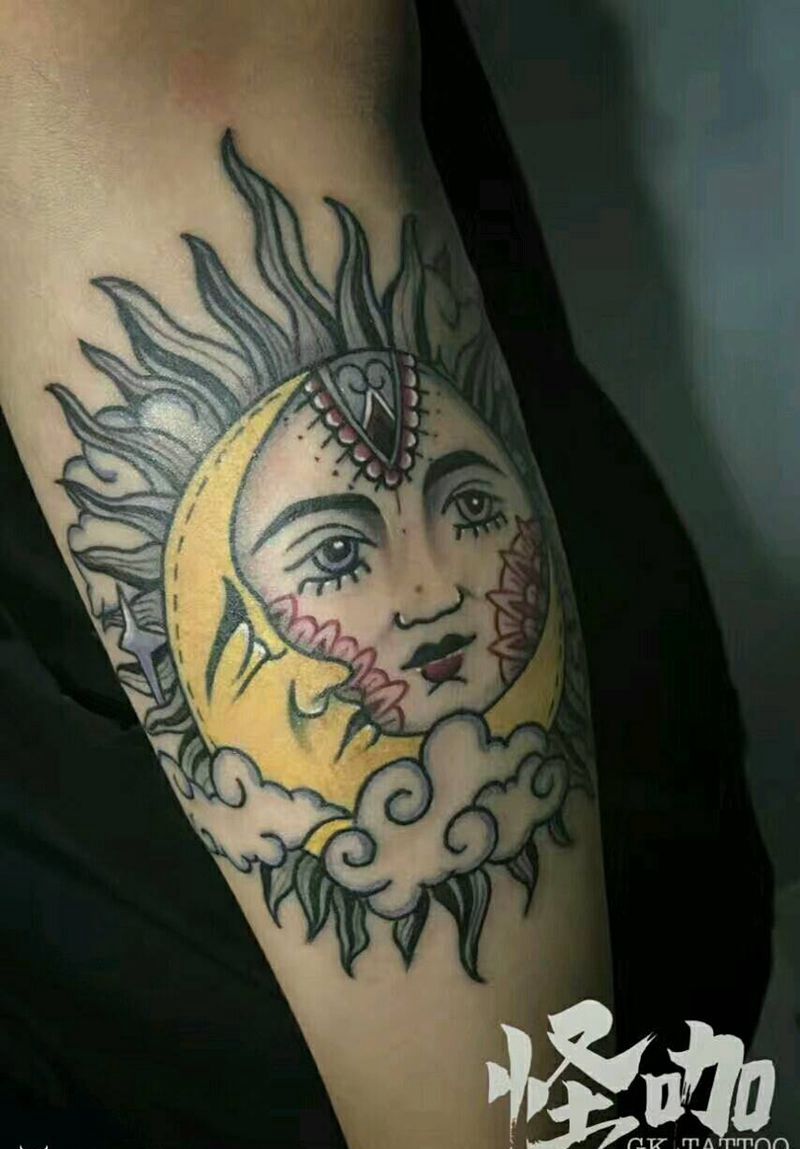 太阳纹身图片_手臂欧美鬼神原创成品纹身图案