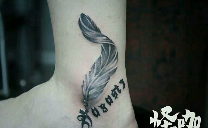 羽毛纹身图片_腿部欧美静物原创成品纹身图案