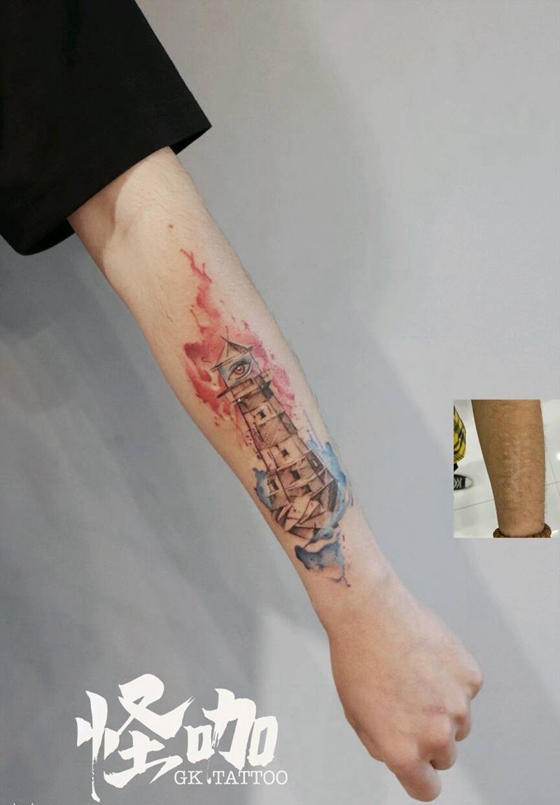 灯塔  疤痕遮盖纹身图片_水彩纹身图案