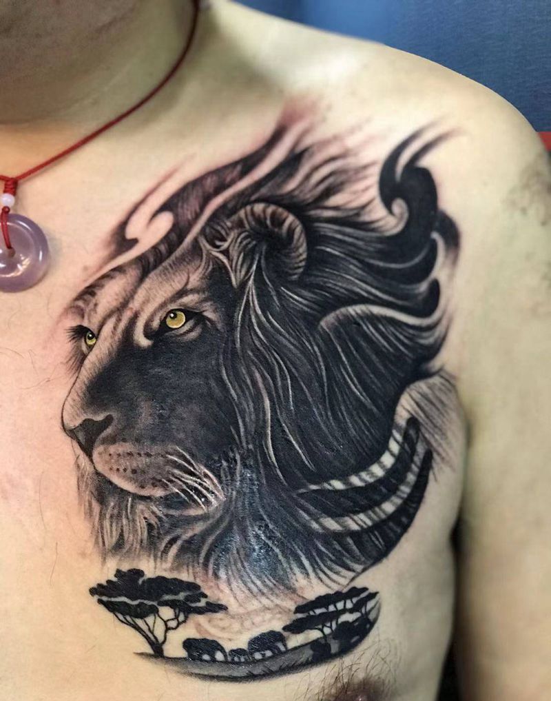 狮子纹身图片_胸部欧美写实纹身图案