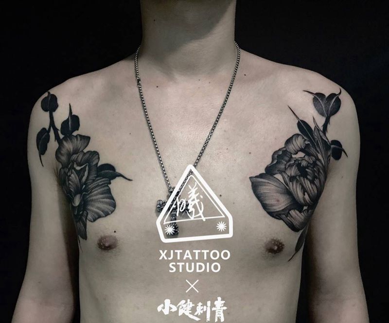 大胸发纹身图片_成品手稿胸部欧美清新写实动物植物静物原创纹身图案