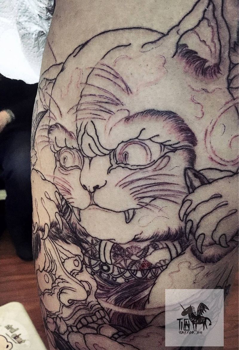 招财猫纹身图片_成品原创鬼神动物传统国画腿部纹身图案