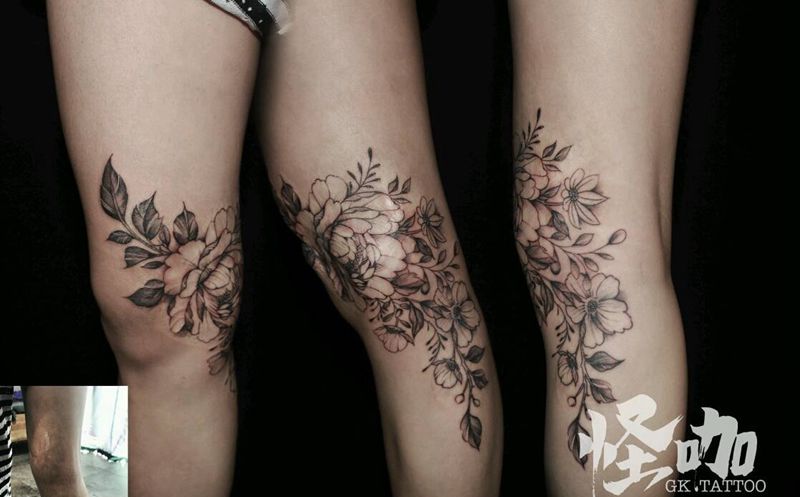 花（盖疤）纹身图片_腿部纹身图案