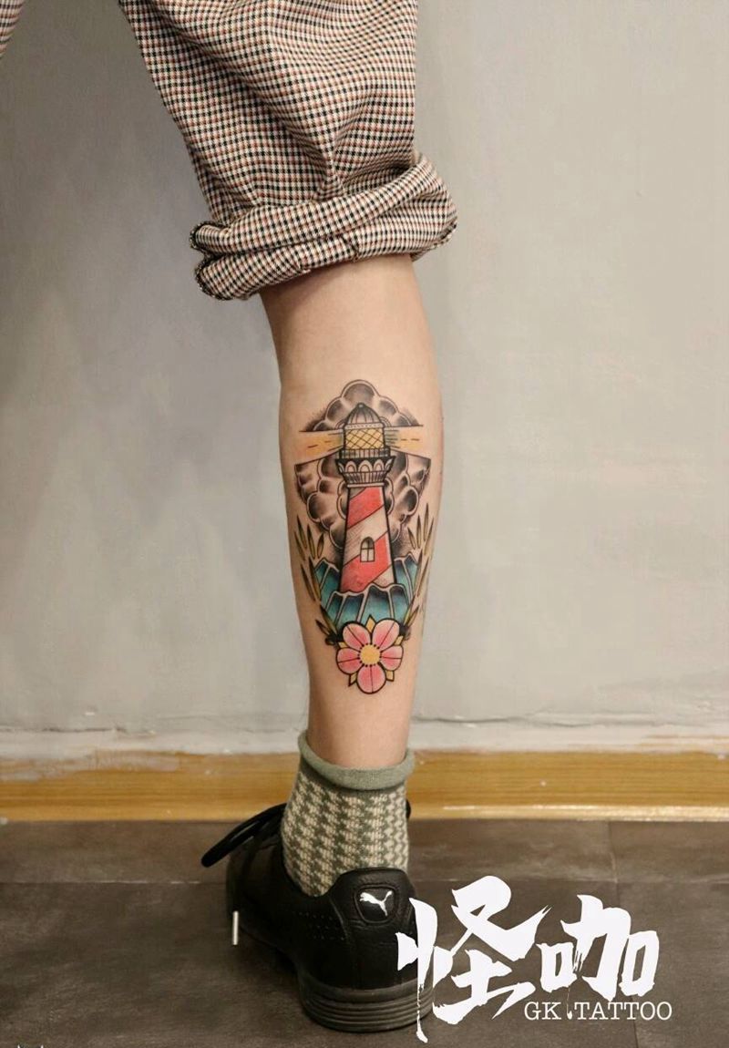 灯塔纹身图片_腿部New School纹身图案