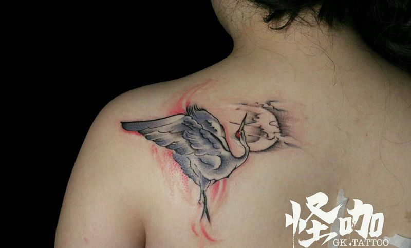 仙鹤纹身图片_背部传统动物原创成品纹身图案