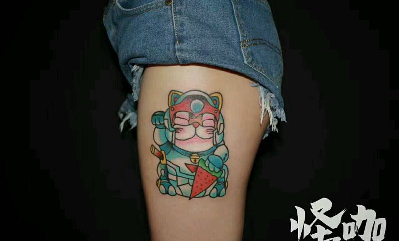 猫纹身图片_腿部欧美动物原创成品纹身图案