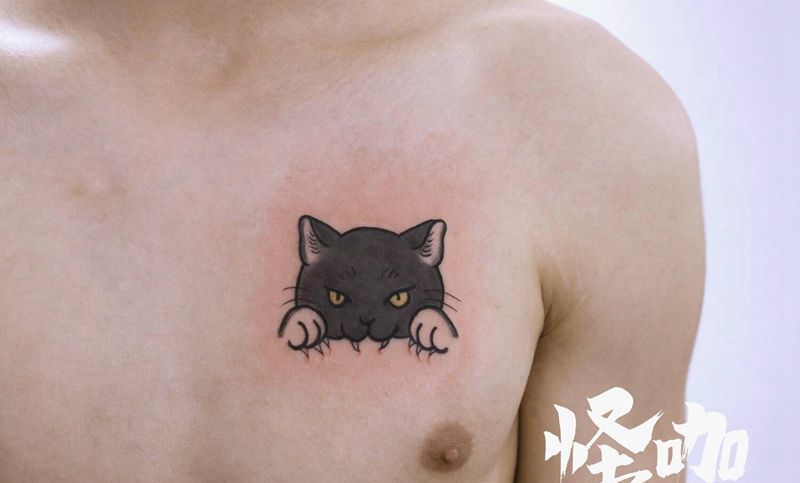蓝猫纹身图片_胸部纹身图案