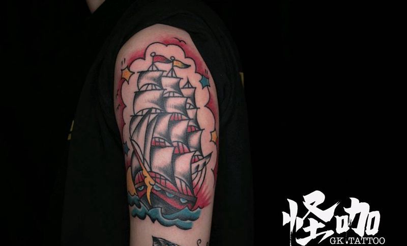 帆船纹身图片_手臂欧美静物原创成品纹身图案