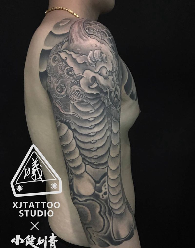 半胛麒麟纹身图片_成品手稿手臂传统动物宗教麒麟纹身图案