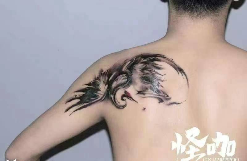 水墨仙鹤tattoo纹身图片_肩部纹身图案