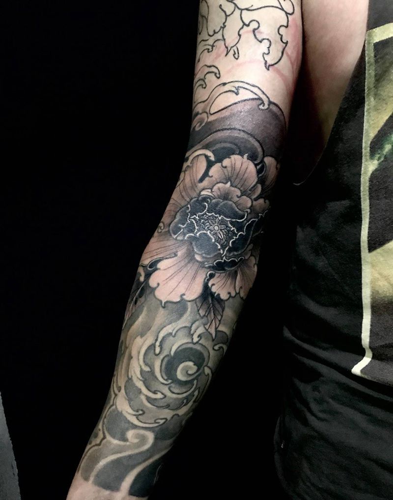 牡丹花纹身图片_成品手臂传统国画植物宗教牡丹原创纹身图案