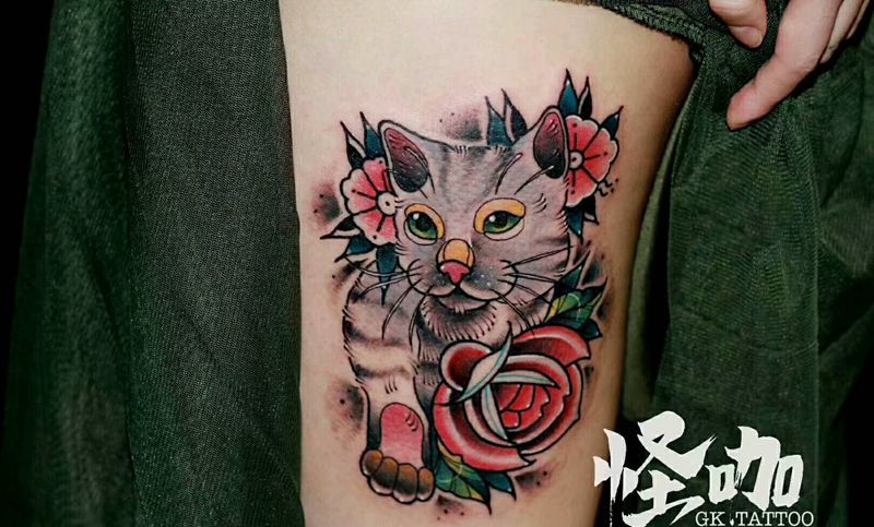猫纹身图片_腿部纹身图案