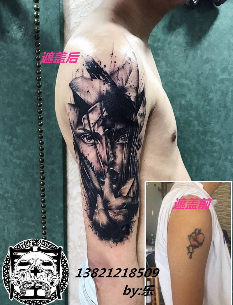 欧美大妞遮盖纹身图片_成品肩部手臂手部欧美肖像清新几何人物纹身图案