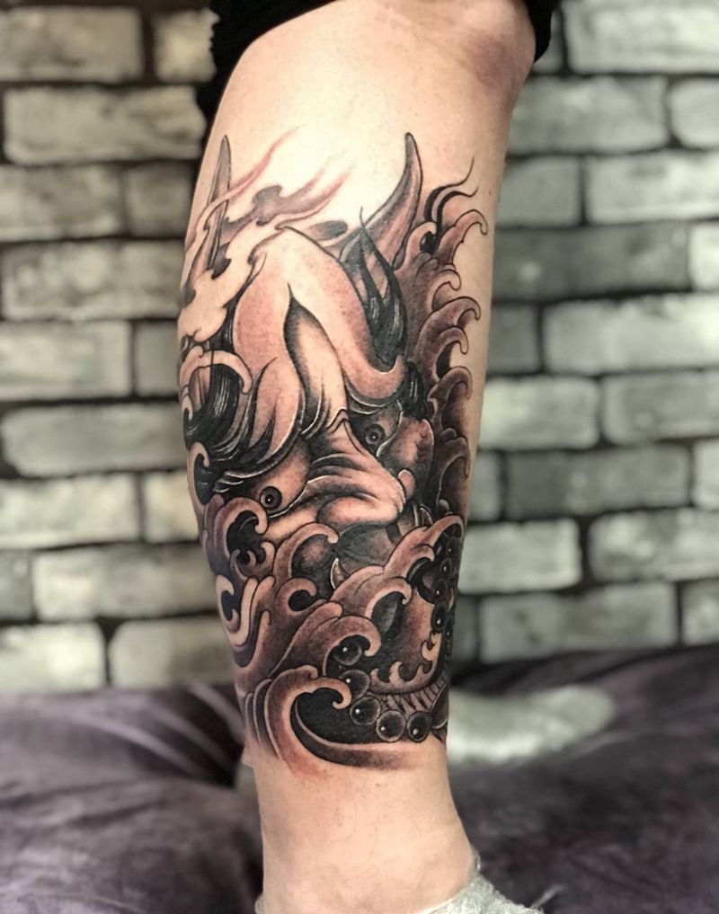 小腿般若纹身图片_腿部新传统纹身图案