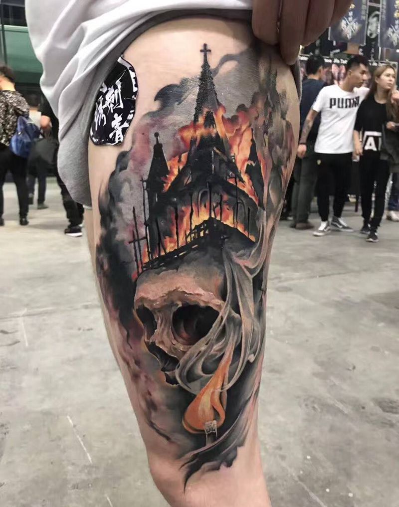 欧美火烧教堂获奖作品纹身图片_成品腿部臀部欧美写实习俗肖像人物静物宗教纹身图案