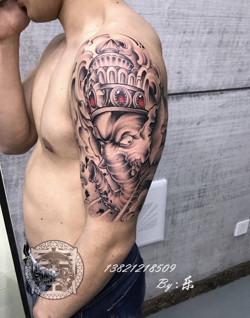 象神纹身图片_成品手臂肩部传统国画原创鬼神宗教纹身图案