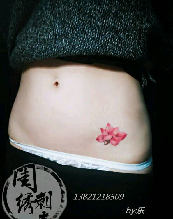 小清新荷花纹身图片_腹部清新植物成品纹身图案
