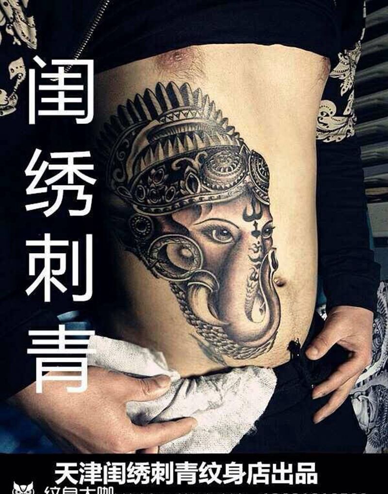 象神纹身图片_成品腹部传统习俗动物宗教纹身图案