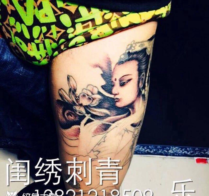 敦煌飞天女花腿纹身图片_腿部传统人物宗教纹身图案