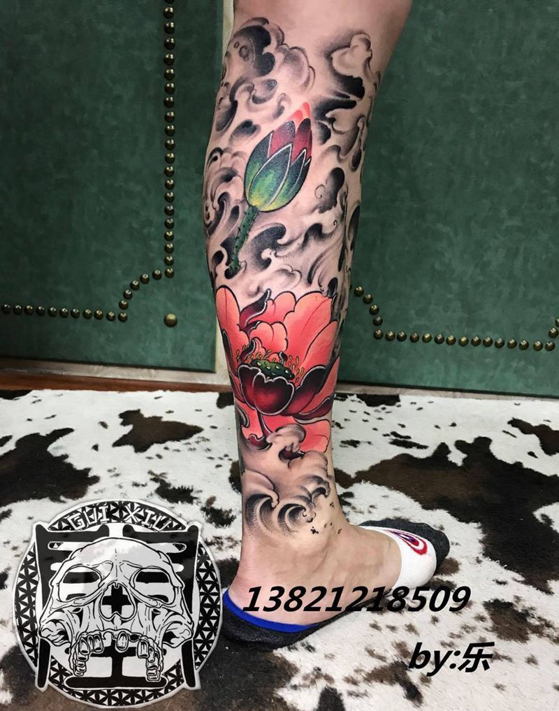 莲花纹身图片_成品腿部传统静物植物国画原创纹身图案