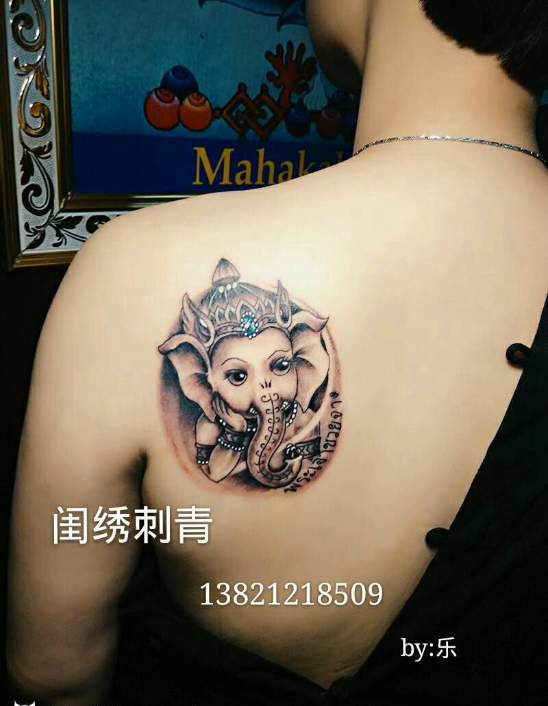 小象神宝宝纹身图片_肩部背部传统宗教成品纹身图案