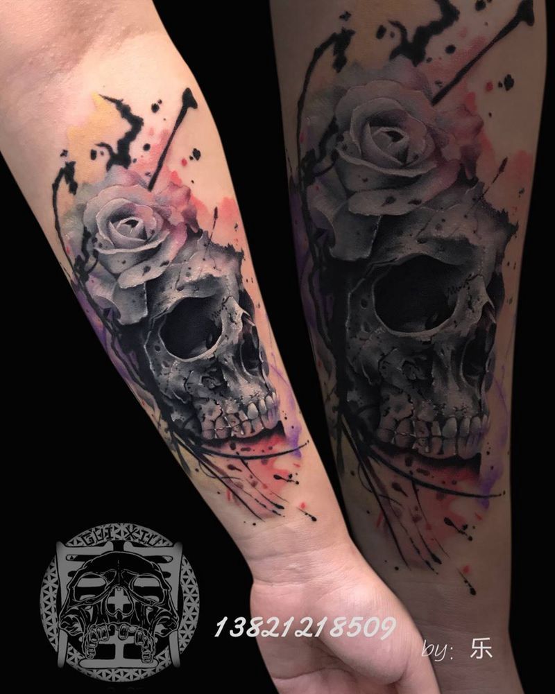 重生的力量。纹身图片_手臂手部欧美写实水彩骷髅彩色水彩纹身图案