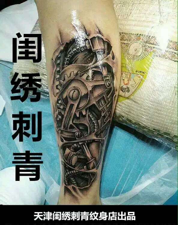 机械腿纹身图片_腿部欧美清新几何成品纹身图案