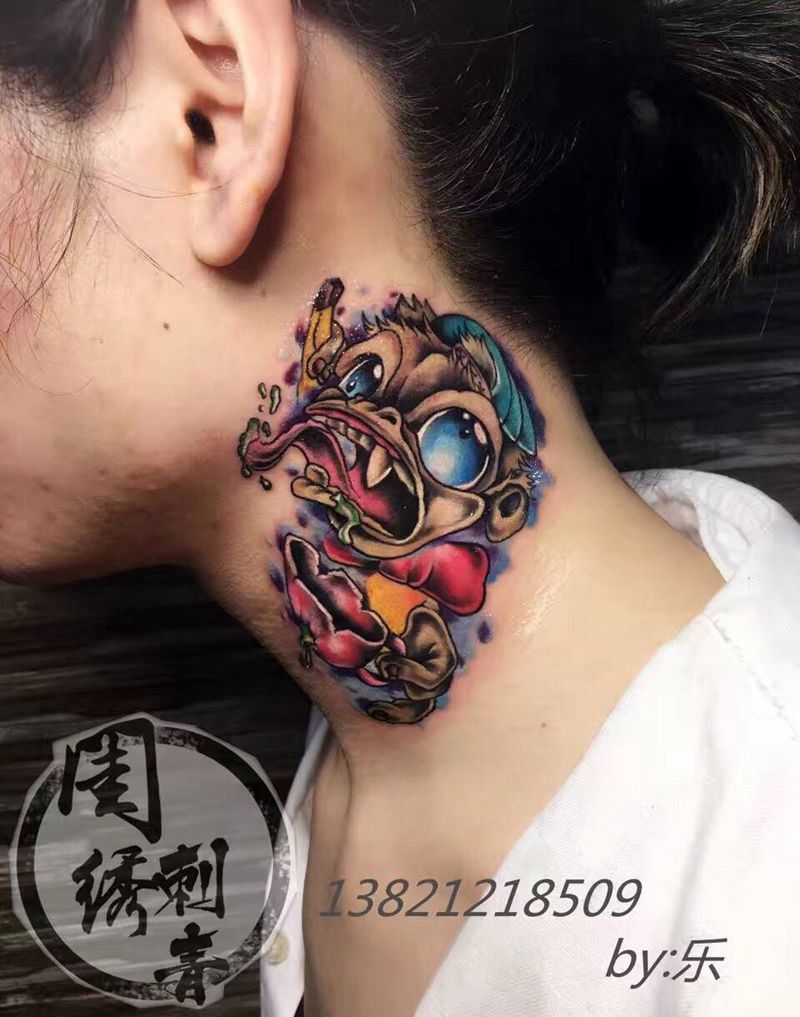 猴子纹身图片_成品颈部欧美传统动物清新纹身图案