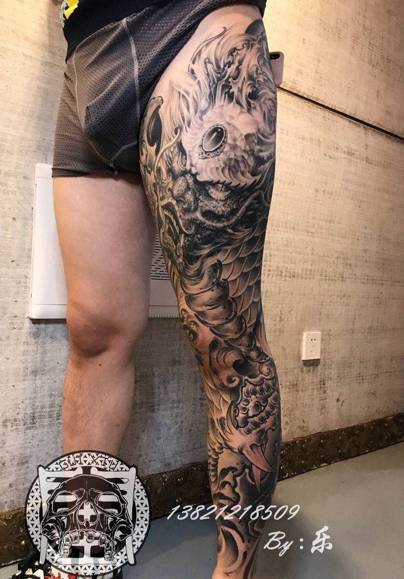 花腿龙纹身图片_成品腿部腰部臀部传统欧美写实宗教鬼神原创纹身图案