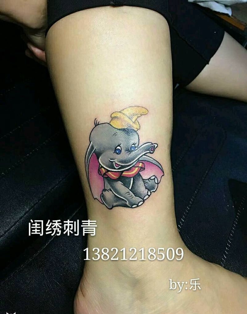小飞象纹身图片_腿部脚部欧美清新动物成品纹身图案