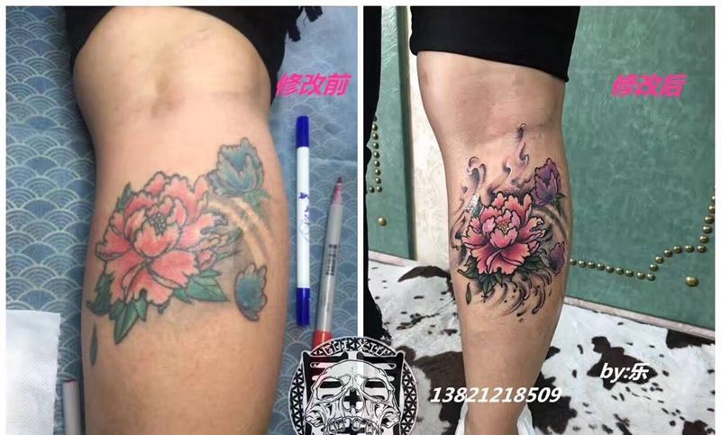 修改牡丹纹身图片_成品腿部脚部传统清新植物原创纹身图案