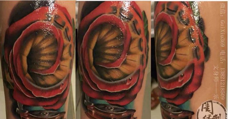 玫瑰留声机纹身图片_成品手臂欧美写实植物静物纹身图案