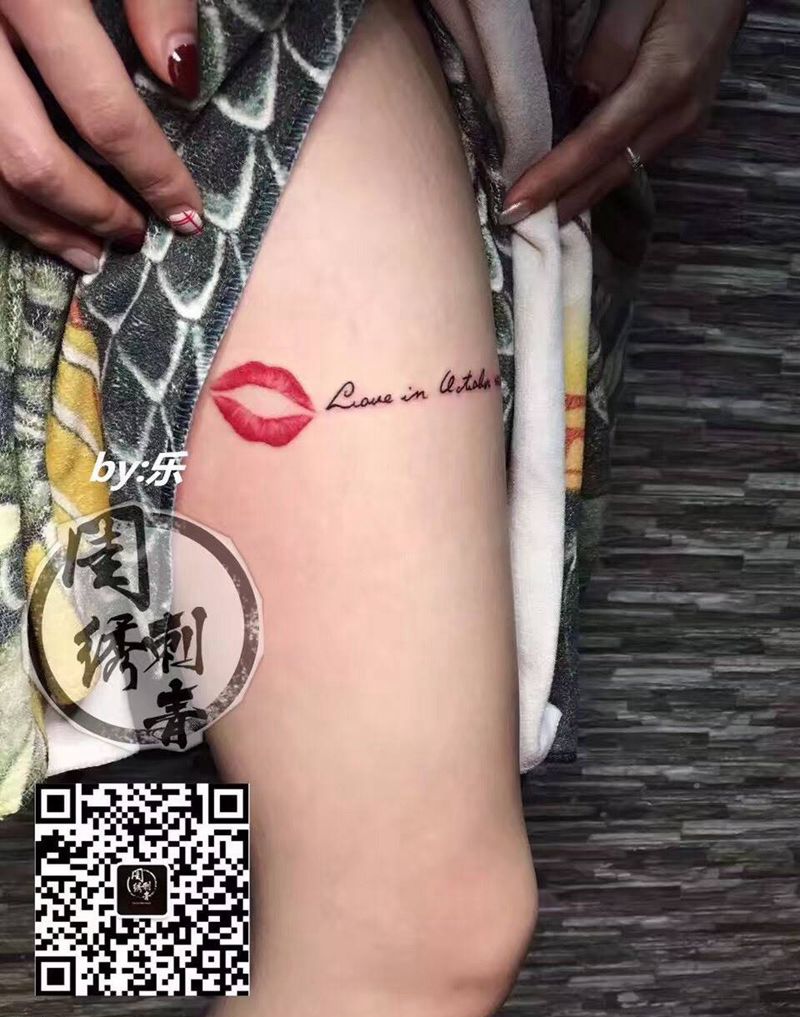 唇印纹身图片_成品腿部欧美清新贴纸原创字符纹身图案