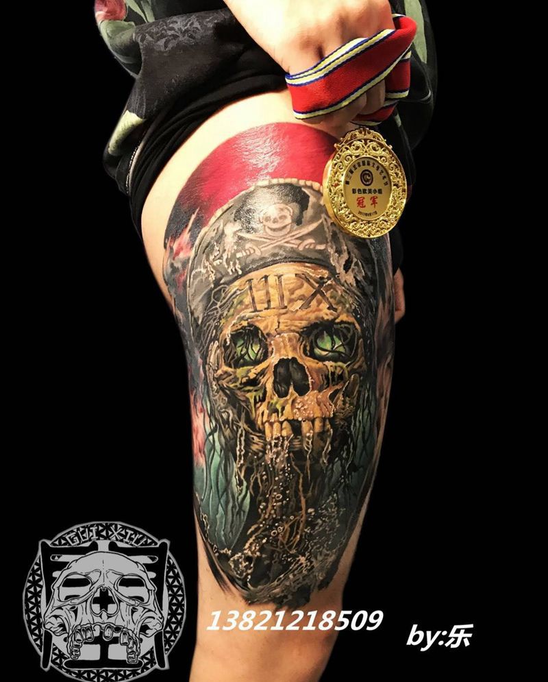 海盗重现纹身图片_成品腿部欧美人物鬼神原创纹身图案