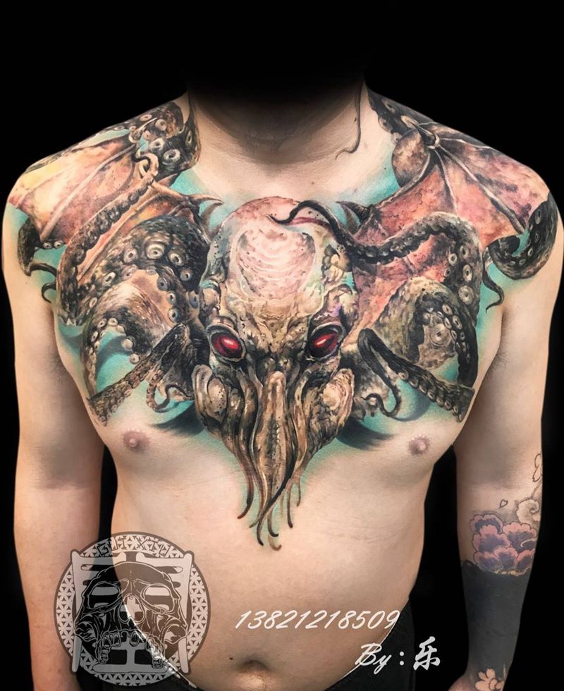 深海克苏鲁纹身图片_成品胸部欧美写实鬼神宗教动物人物原创纹身图案