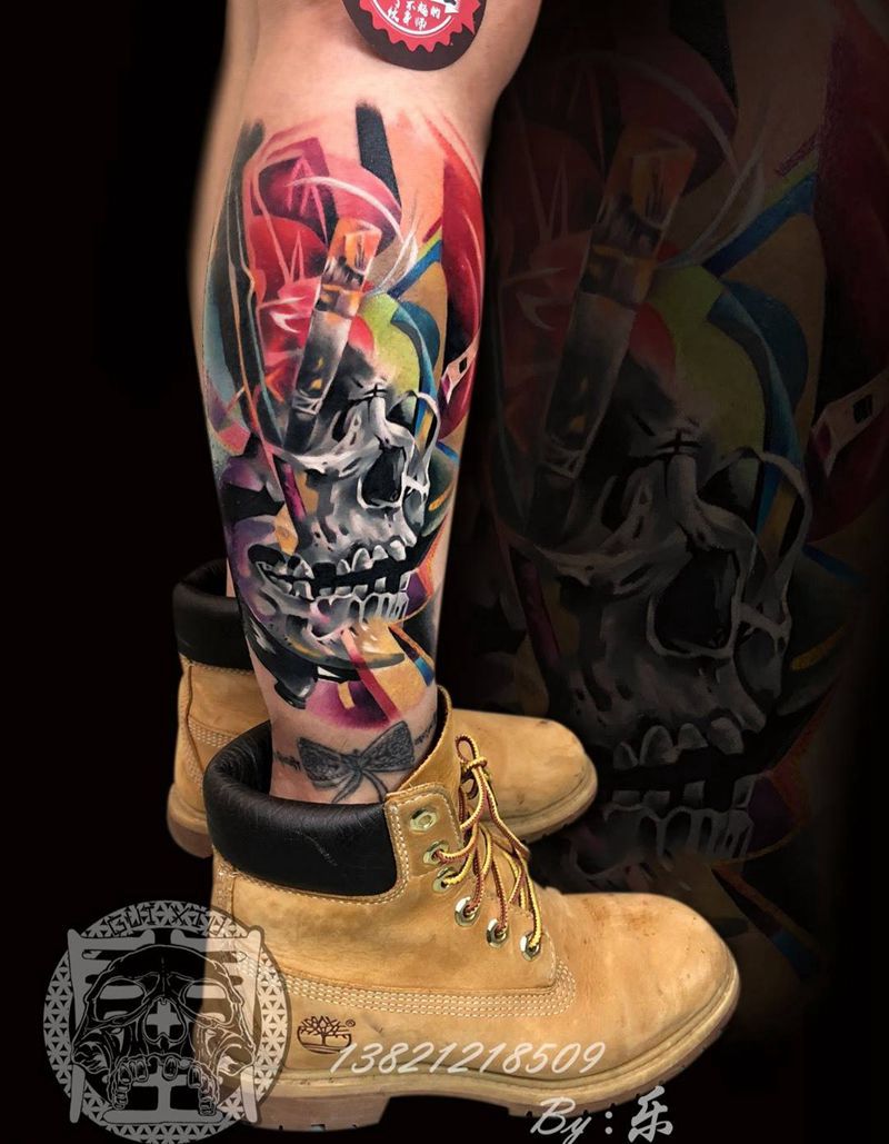 炫彩骷髅纹身图片_腿部脚部欧美写实New School骷髅欧美彩色纹身图案