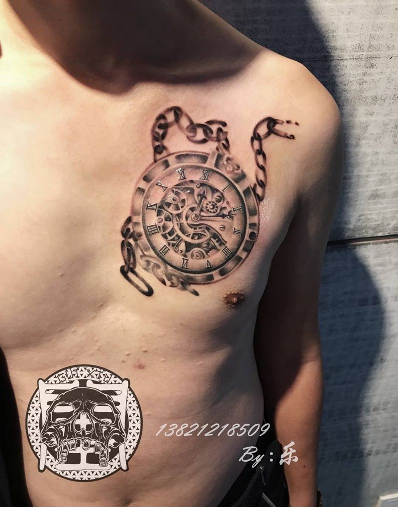时钟纹身图片_成品胸部欧美清新写实静物纹身图案