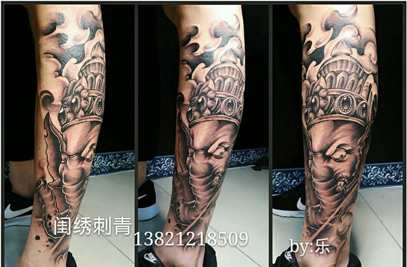 小腿象神纹身图片_腿部传统鬼神宗教成品纹身图案
