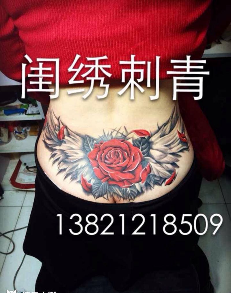 玫瑰翅膀腰花纹身图片_成品腰部欧美植物静物纹身图案