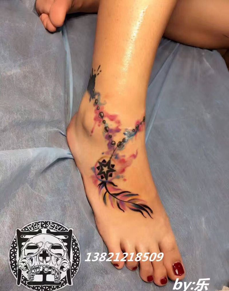 修改添加羽毛脚链纹身图片_成品脚部腿部欧美清新静物原创习俗传统纹身图案