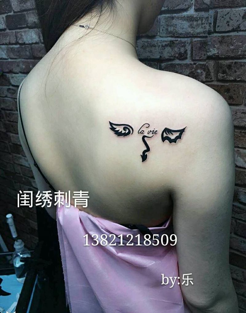 天使与恶魔纹身图片_肩部背部清新贴纸图腾成品纹身图案
