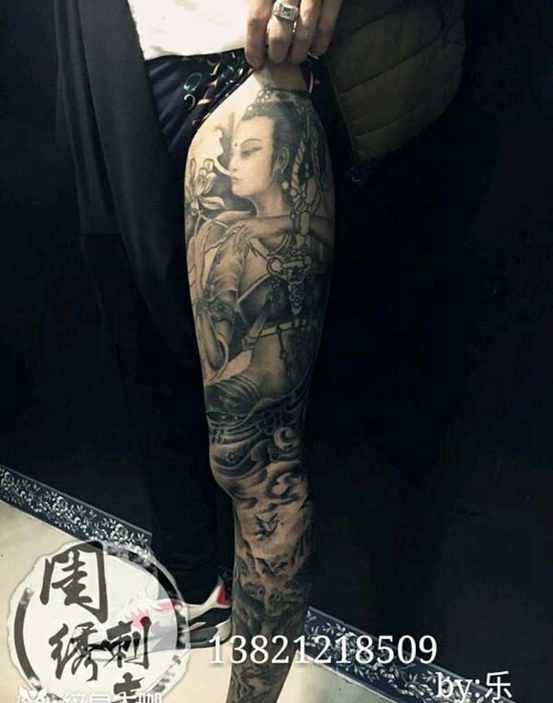 飞天花腿半成品纹身图片_腿部传统人物纹身图案