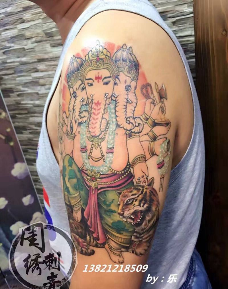 五面象神纹身图片_成品手臂肩部传统习俗动物人物鬼神宗教原创纹身图案